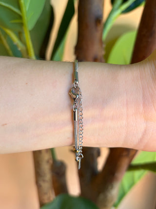 A delicate silver chain bracelet with a clasp, shown worn on a person's wrist against a background of green leaves and brown branches.