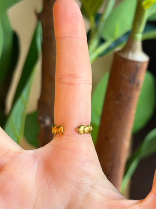 A close-up of a person's hand wearing a gold heart ring, background of green leaves and brown branches.