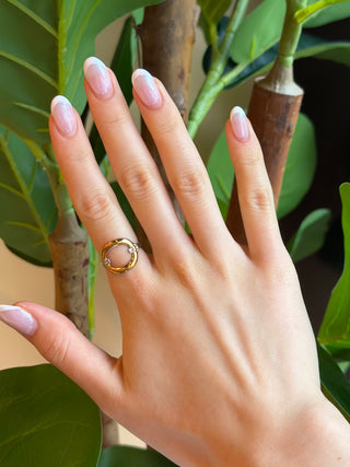 A close-up of a hand wearing a gold ring set against a background of green leaves and brown branches.