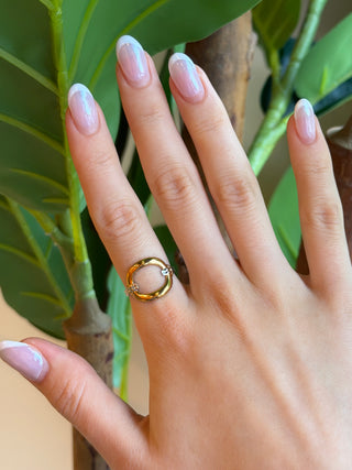 A close-up of a hand wearing a gold ring set against a background of green tropical leaves.
