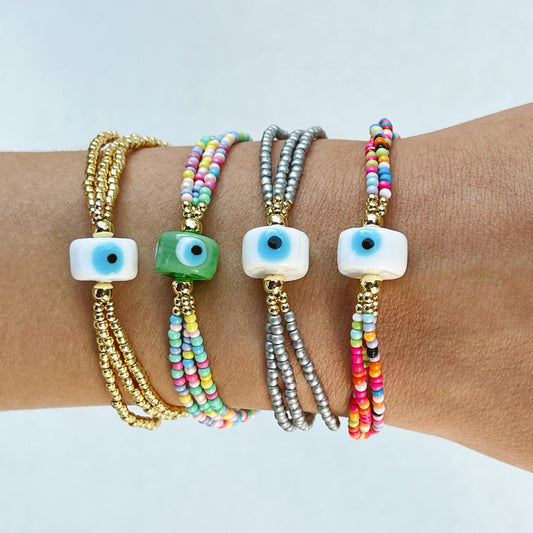 Triple Strap Beaded Evil Eye Bracelet